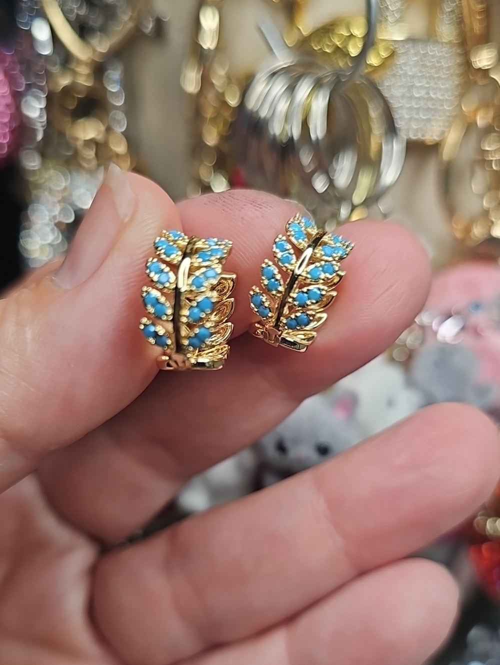 Gold Leaf Blue Crystal Hoop Earrings - Women Jewelry